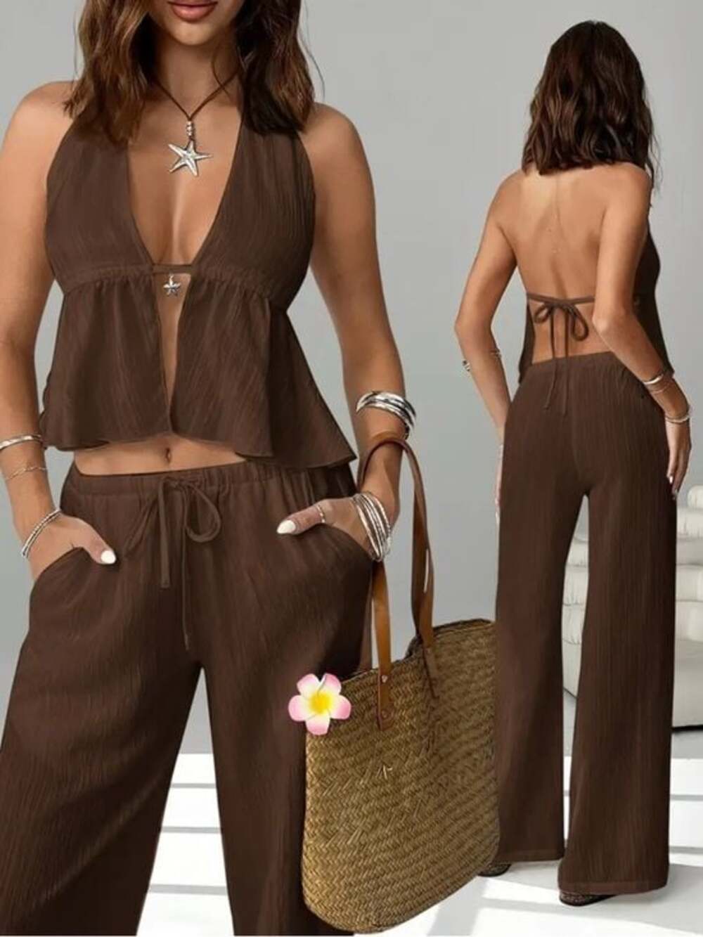 Coastal Luxury: Starfish Halter & Wide-Leg Set Size Small